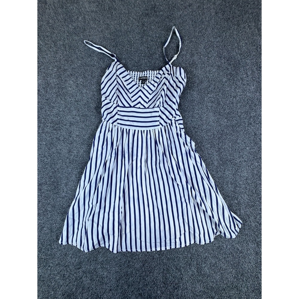 Express Sundress Womens S‎ White Blue Striped Rayon Spaghetti Strap Smocked Back